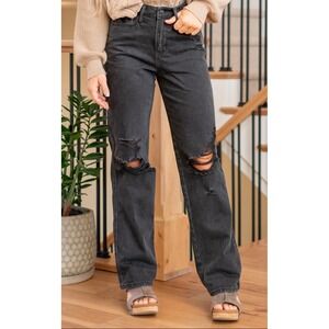 Women's Black Distressed Jeans, 90s Straight Leg